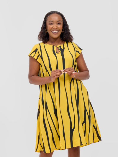 Sierra Cap Sleeve Tent Chiffon Dress - Mustard / Black Sidi Print - Shopzetu