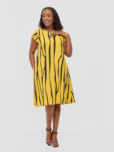 Sierra Cap Sleeve Tent Chiffon Dress - Mustard / Black Sidi Print - Shopzetu