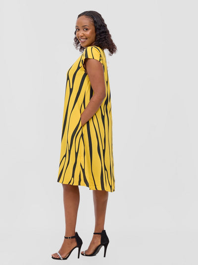 Sierra Cap Sleeve Tent Chiffon Dress - Mustard / Black Sidi Print - Shopzetu