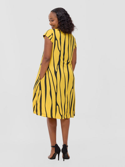 Sierra Cap Sleeve Tent Chiffon Dress - Mustard / Black Sidi Print - Shopzetu