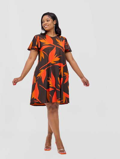 Ruwa Flounce Sleeve Knee Length Tent Dress - Brown / Orange Mizani Print - Shopzetu