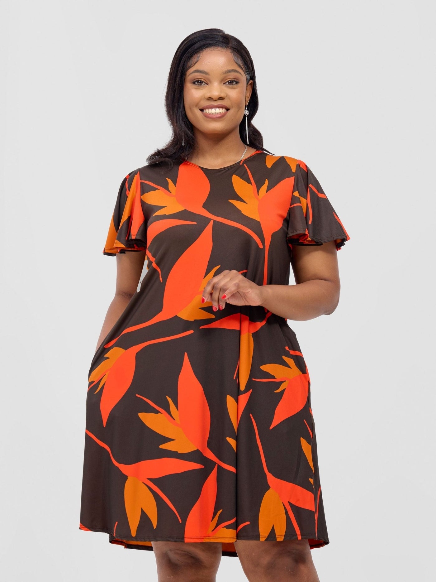 Ruwa Flounce Sleeve Knee Length Tent Dress - Brown / Orange Mizani Print - Shopzetu