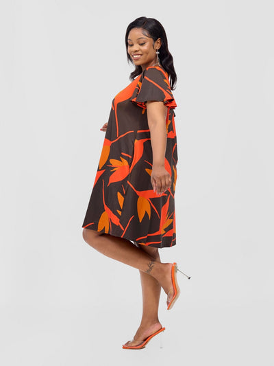 Ruwa Flounce Sleeve Knee Length Tent Dress - Brown / Orange Mizani Print - Shopzetu