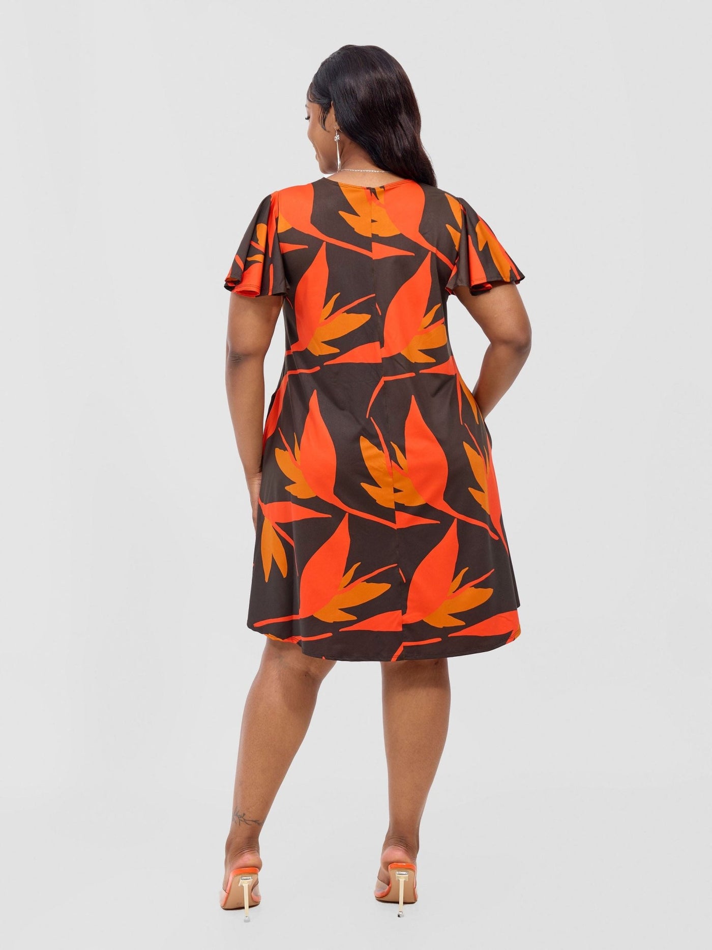 Ruwa Flounce Sleeve Knee Length Tent Dress - Brown / Orange Mizani Print - Shopzetu