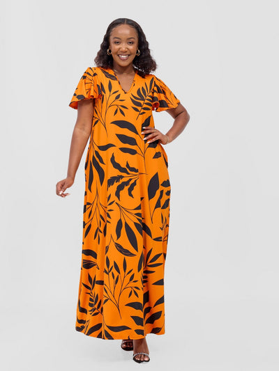 Ruwa Flounce Sleeve Tent Maxi Dress - Orange / Black Ua Print - Shopzetu