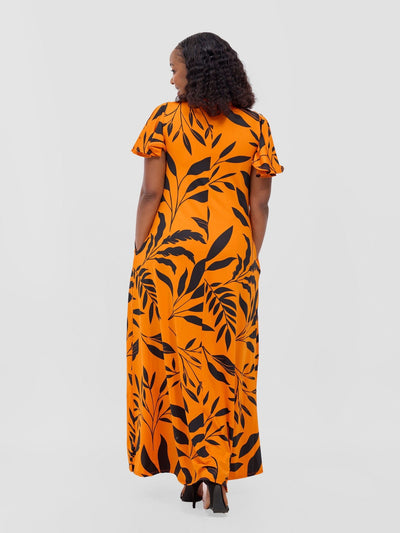 Ruwa Flounce Sleeve Tent Maxi Dress - Orange / Black Ua Print - Shopzetu