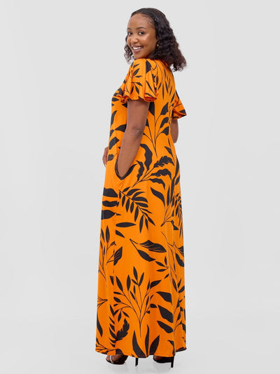 Ruwa Flounce Sleeve Tent Maxi Dress - Orange / Black Ua Print - Shopzetu