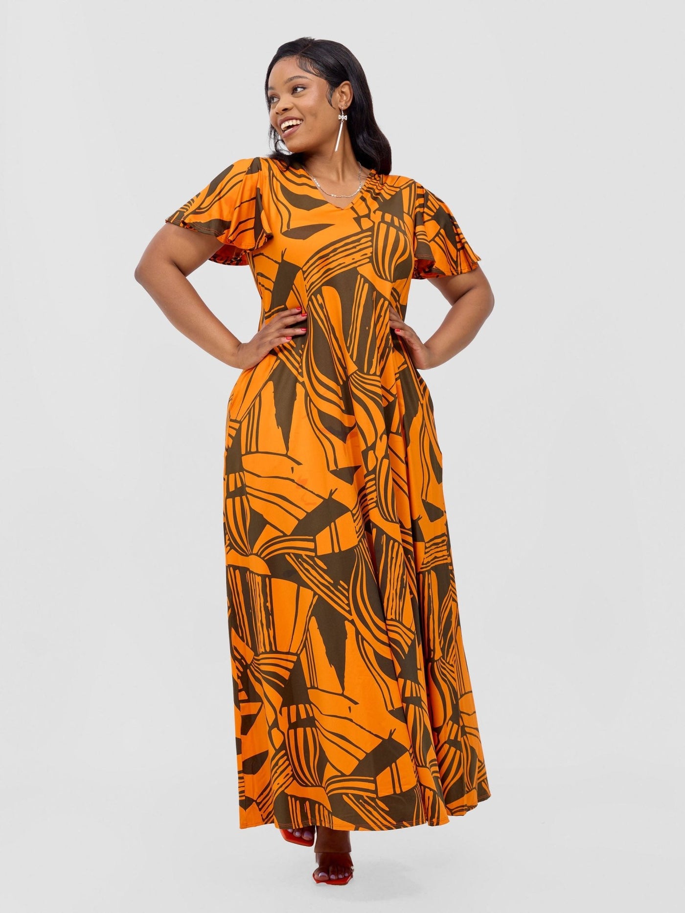 Ruwa Flounce Sleeve Tent Maxi Dress - Orange / Hunters Nila Print - Shopzetu