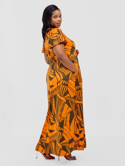 Ruwa Flounce Sleeve Tent Maxi Dress - Orange / Hunters Nila Print - Shopzetu