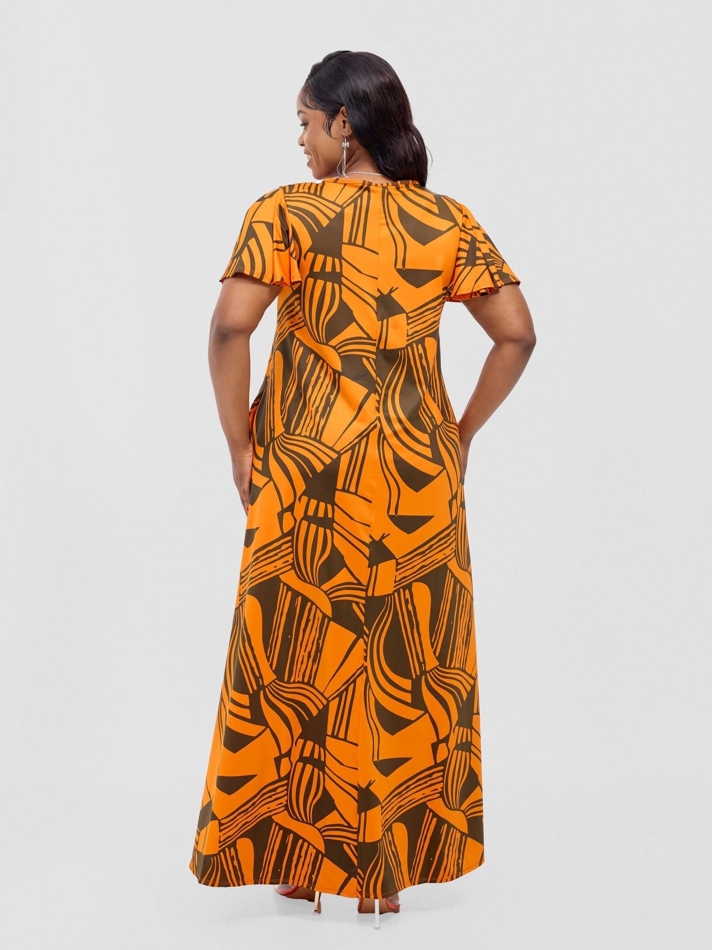 Ruwa Flounce Sleeve Tent Maxi Dress - Orange / Hunters Nila Print - Shopzetu