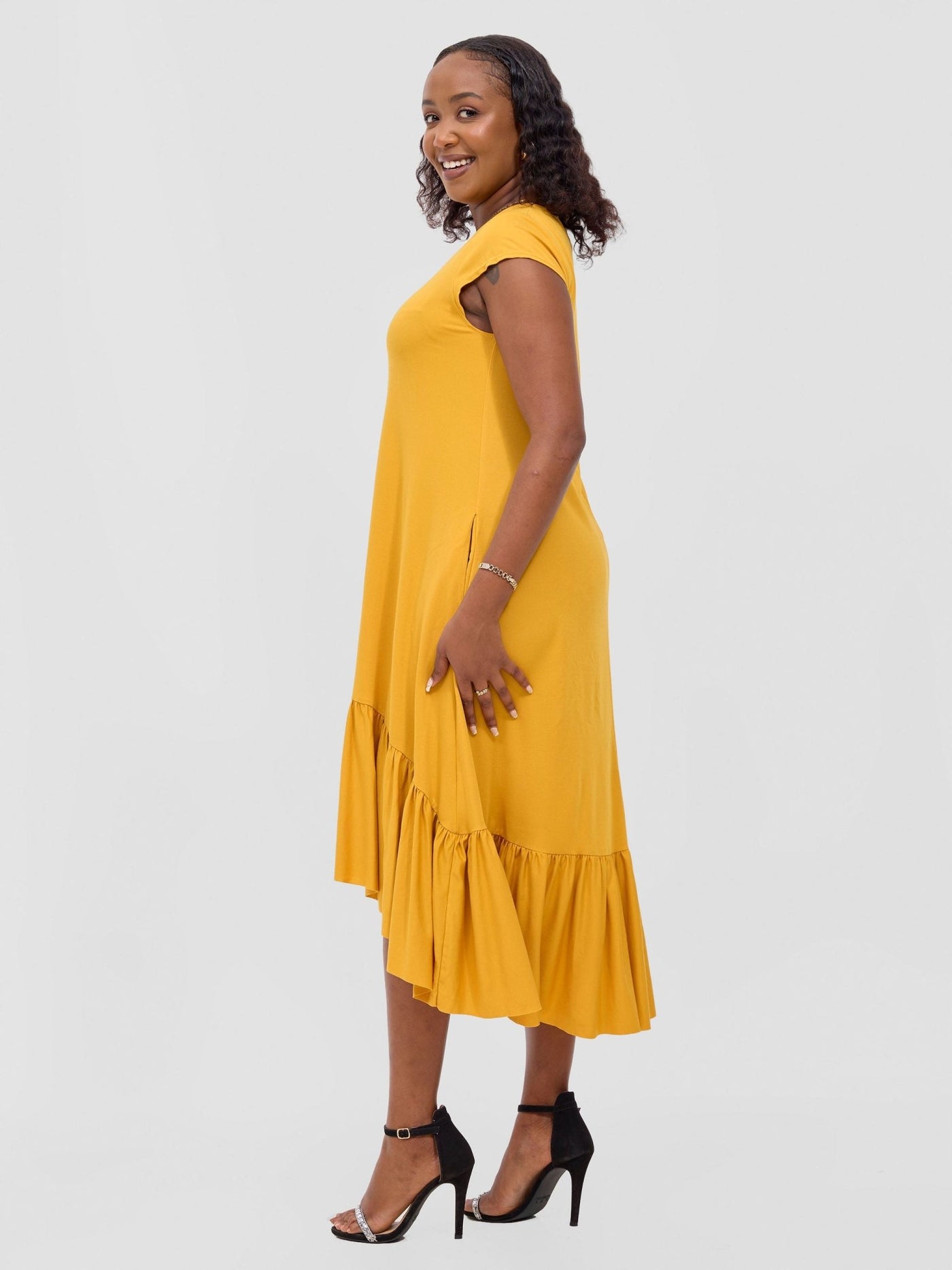 Lindi High Low Dress - Mustard - Shopzetu