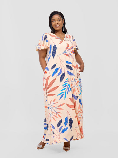 Ruwa Flounce Sleeve Tent Maxi Dress - Buttermilk / Blue Ua Print - Shopzetu