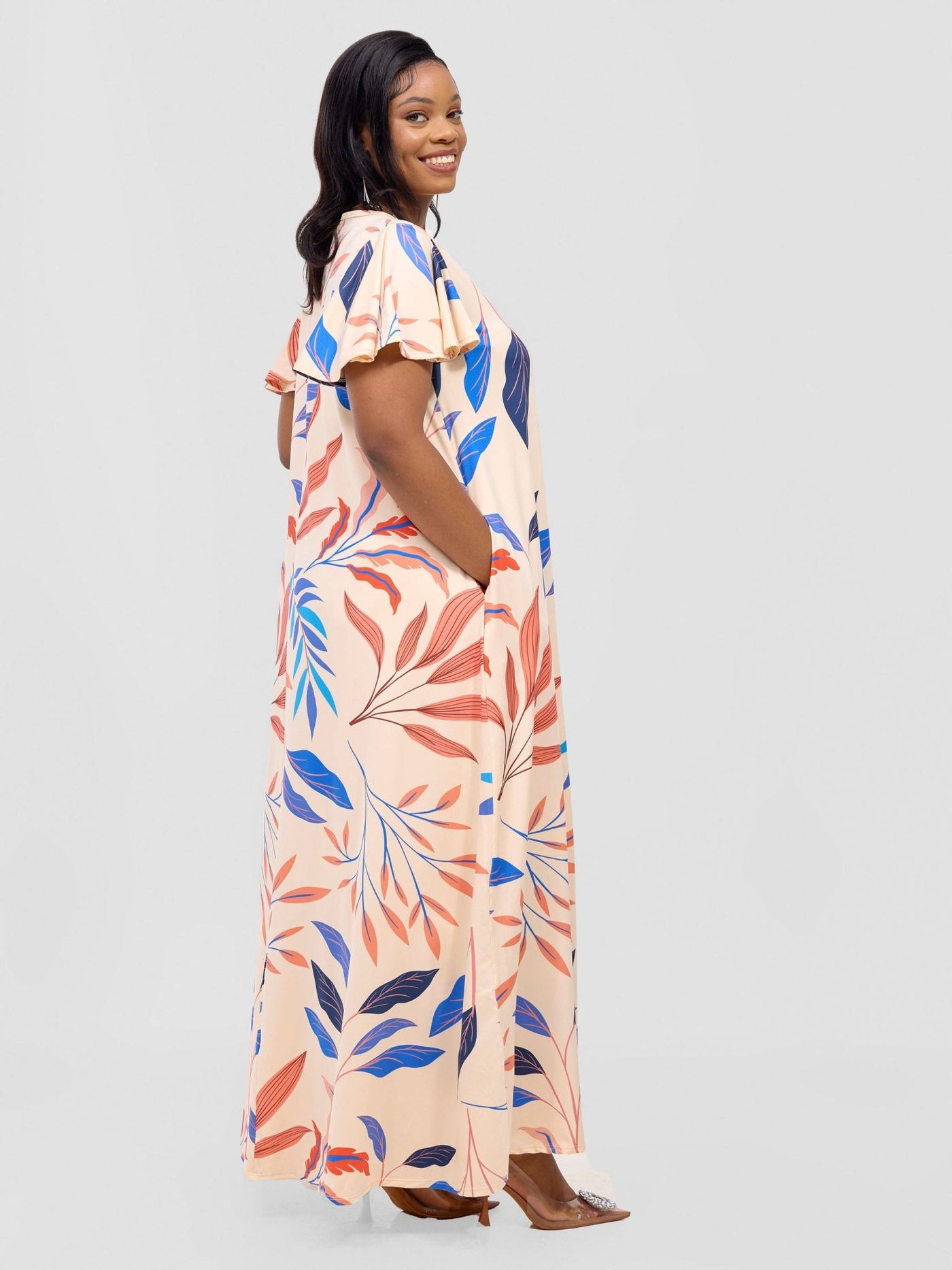 Ruwa Flounce Sleeve Tent Maxi Dress - Buttermilk / Blue Ua Print - Shopzetu