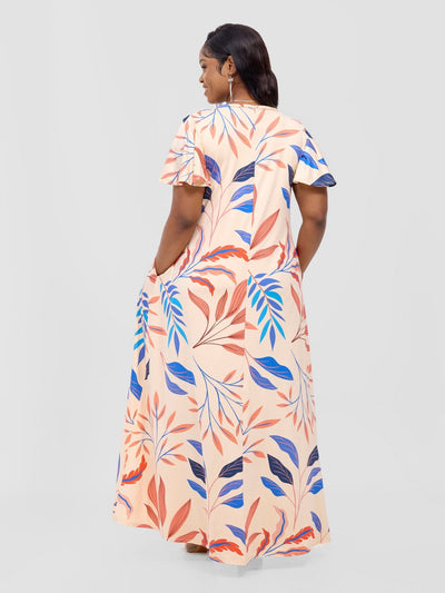 Ruwa Flounce Sleeve Tent Maxi Dress - Buttermilk / Blue Ua Print - Shopzetu