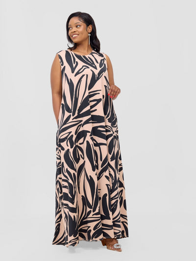 Lumi Back Pleat Maxi Dress - Taupe / Black Ulira Print - Shopzetu