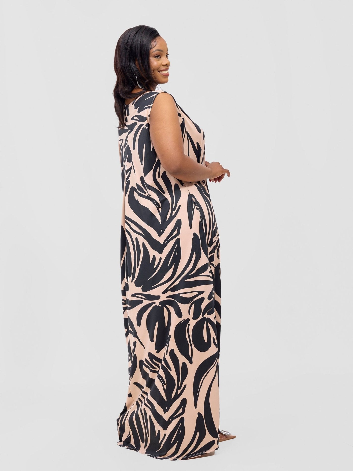 Lumi Back Pleat Maxi Dress - Taupe / Black Ulira Print - Shopzetu