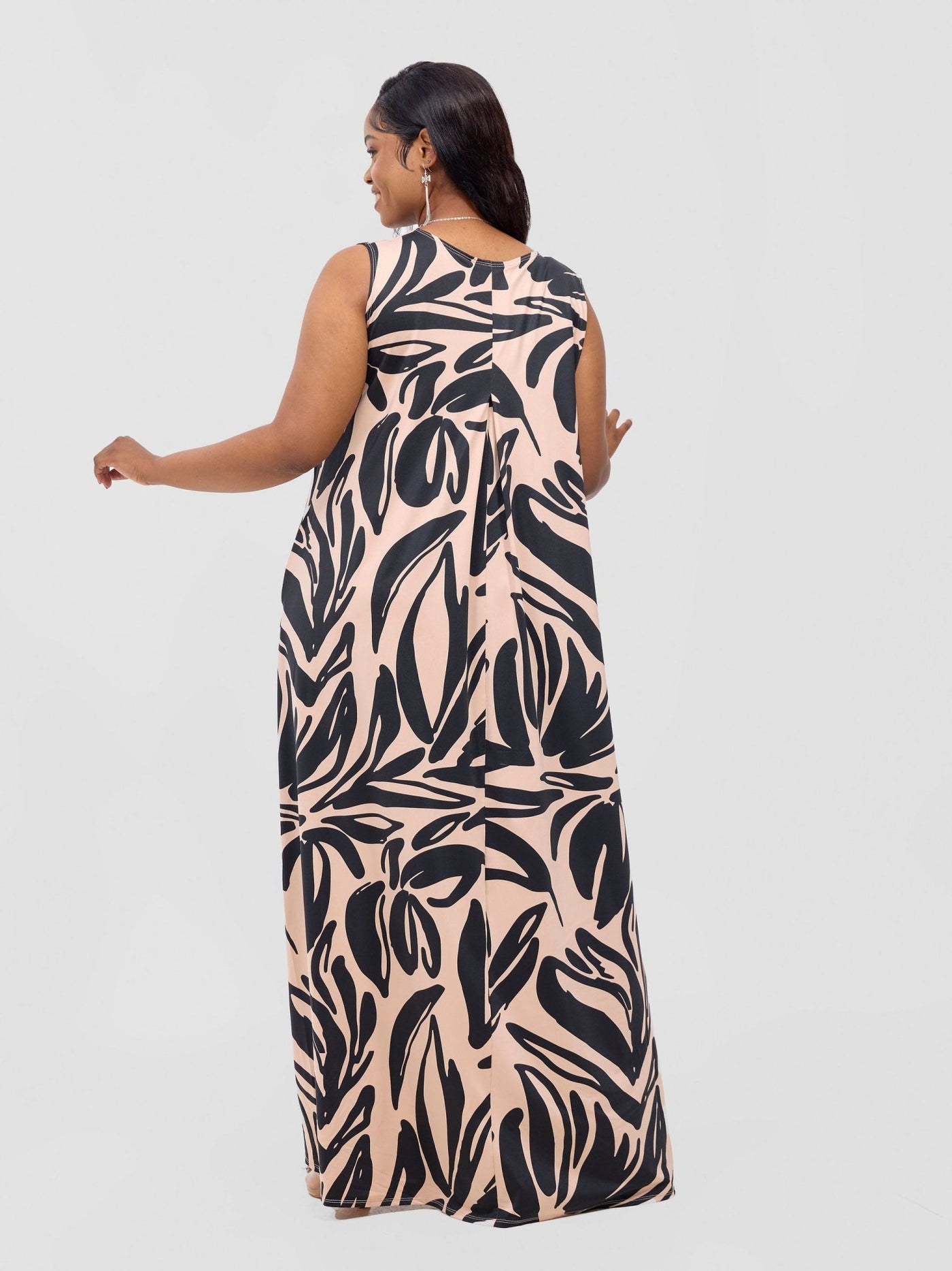 Lumi Back Pleat Maxi Dress - Taupe / Black Ulira Print - Shopzetu