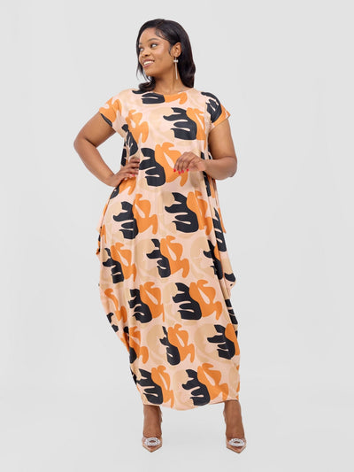 Fimi Drop Shoulder Maxi Dress - Orange / Taupe Chana Print - Shopzetu