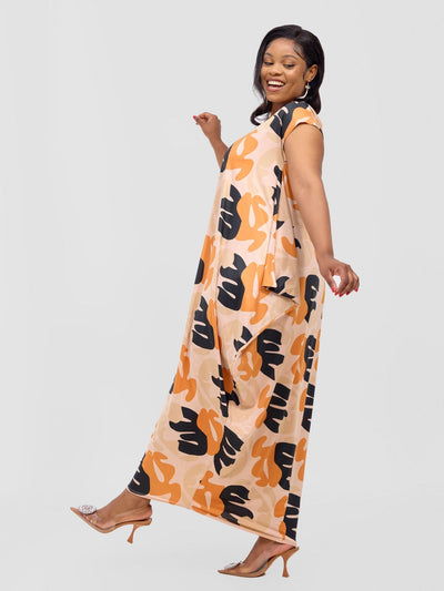 Fimi Drop Shoulder Maxi Dress - Orange / Taupe Chana Print - Shopzetu