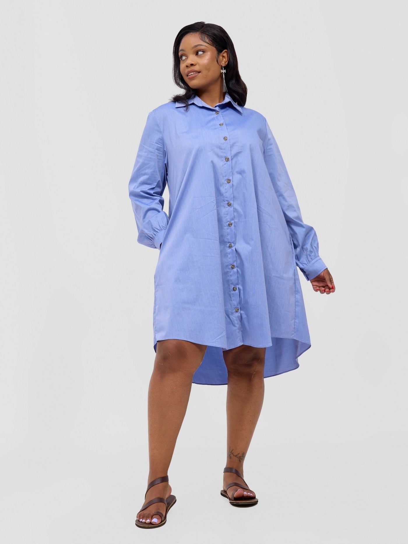 Safari Kaya Long Sleeve Shirt Dress - Blue - Shopzetu