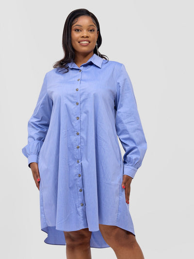 Safari Kaya Long Sleeve Shirt Dress - Blue - Shopzetu