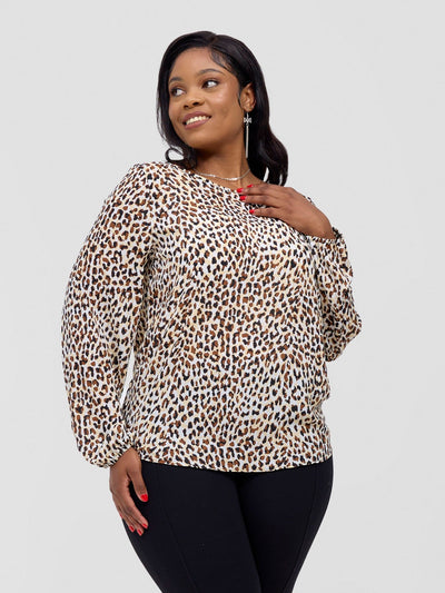 Basic Long Sleeved Bishop Top - Brown / White Berek Print - Shopzetu