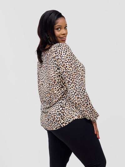 Basic Long Sleeved Bishop Top - Brown / White Berek Print - Shopzetu