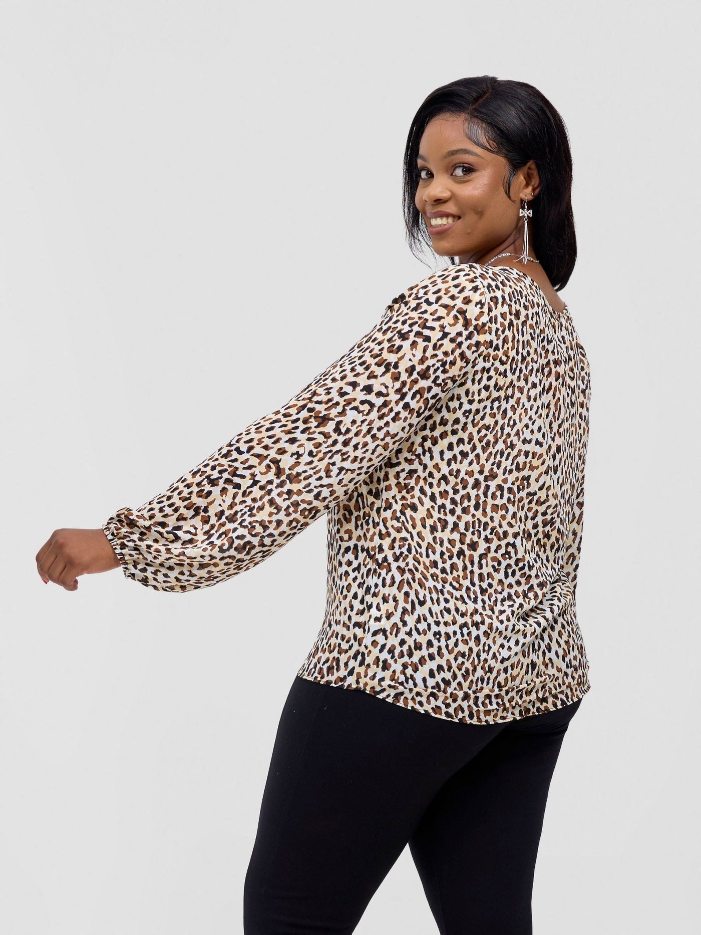 Basic Long Sleeved Bishop Top - Brown / White Berek Print - Shopzetu