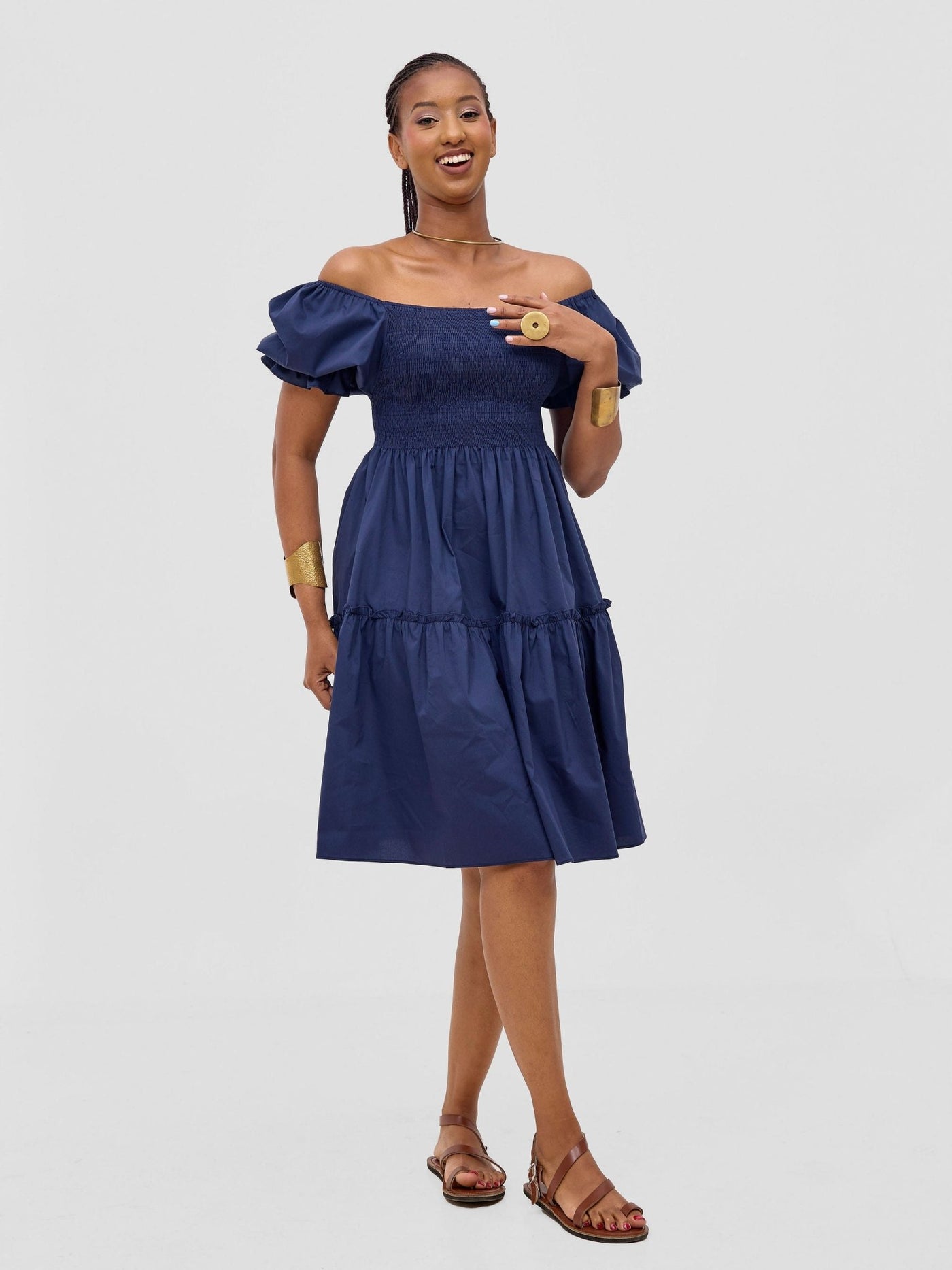 Safari Mara Shirred Bishop Sleeve Dress - Navy - Shopzetu