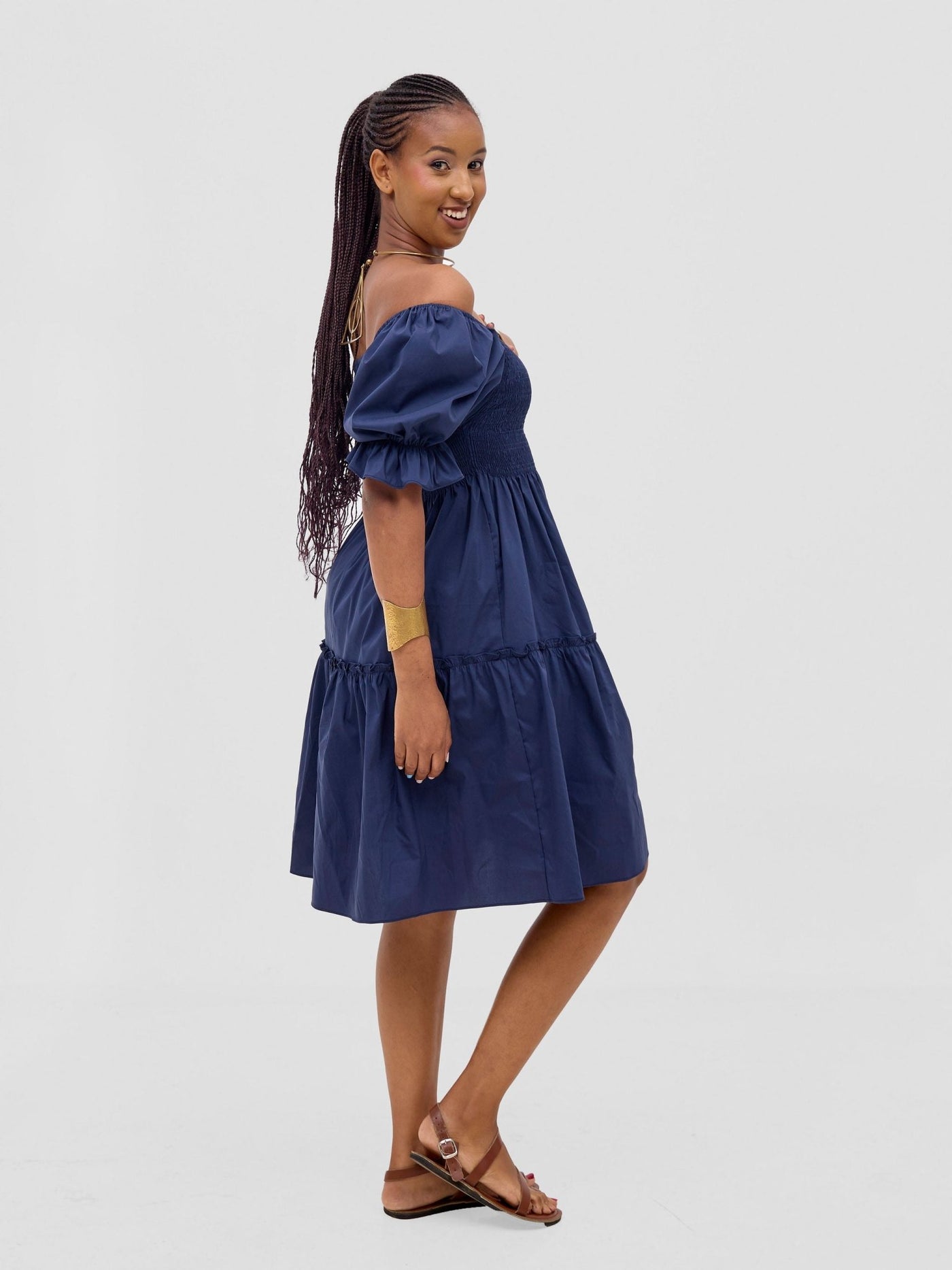 Safari Mara Shirred Bishop Sleeve Dress - Navy - Shopzetu