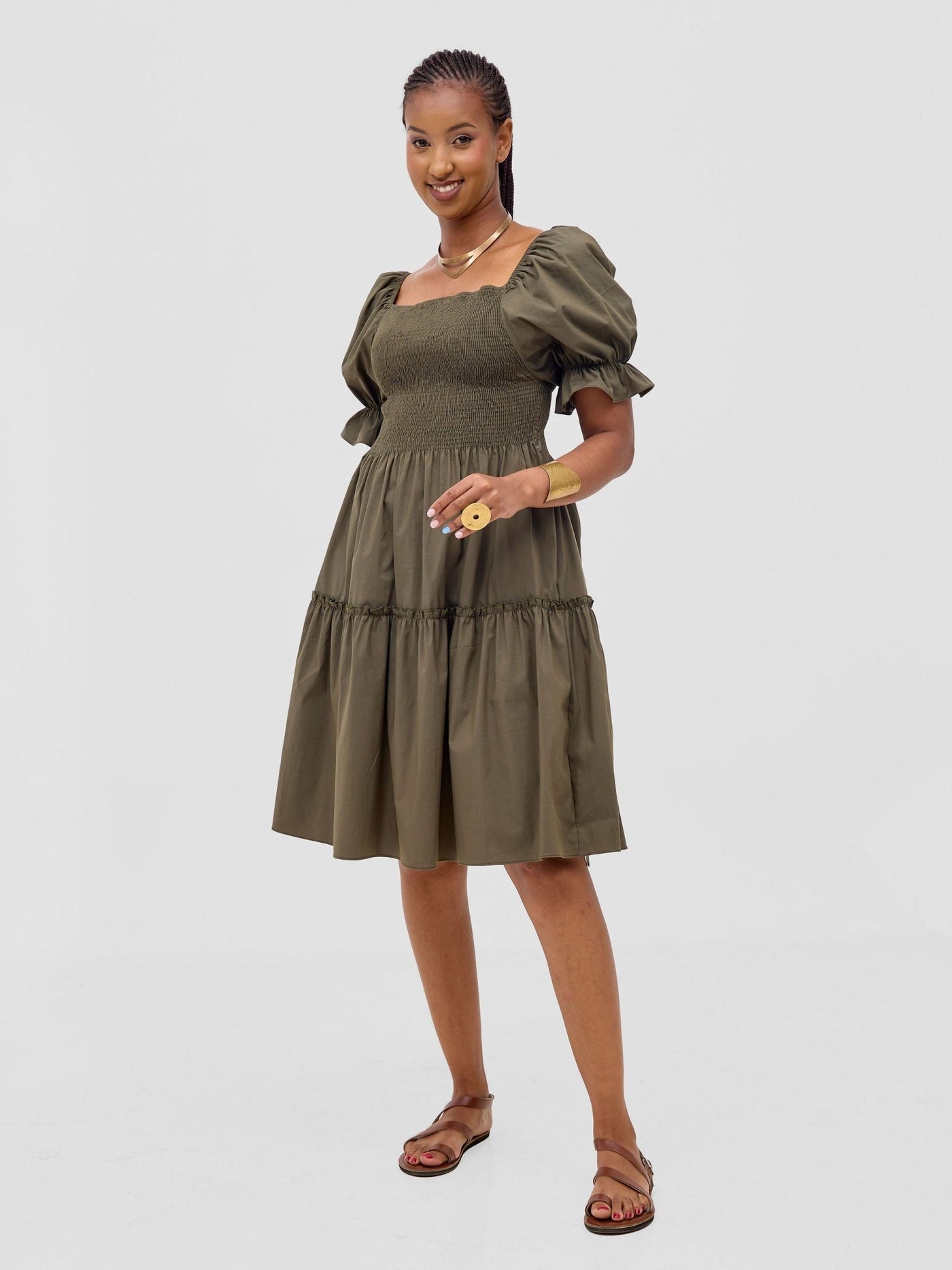 Safari Mara Shirred Bishop Sleeve Dress - Hunters - Shopzetu