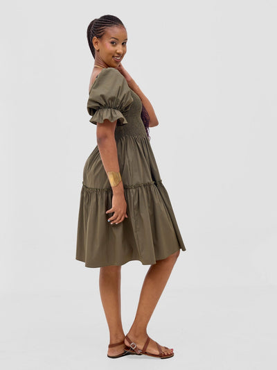 Safari Mara Shirred Bishop Sleeve Dress - Hunters - Shopzetu