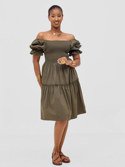 Safari Mara Shirred Bishop Sleeve Dress - Hunters - Shopzetu