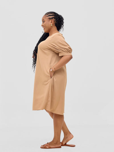 Vivo Wingu Puff Sleeve Knee Length Dress - Light Tan - Shopzetu