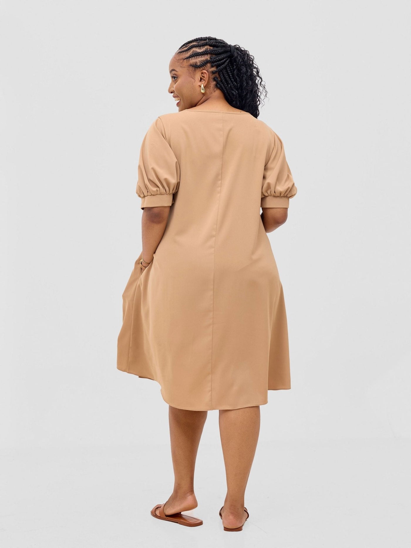 Vivo Wingu Puff Sleeve Knee Length Dress - Light Tan - Shopzetu