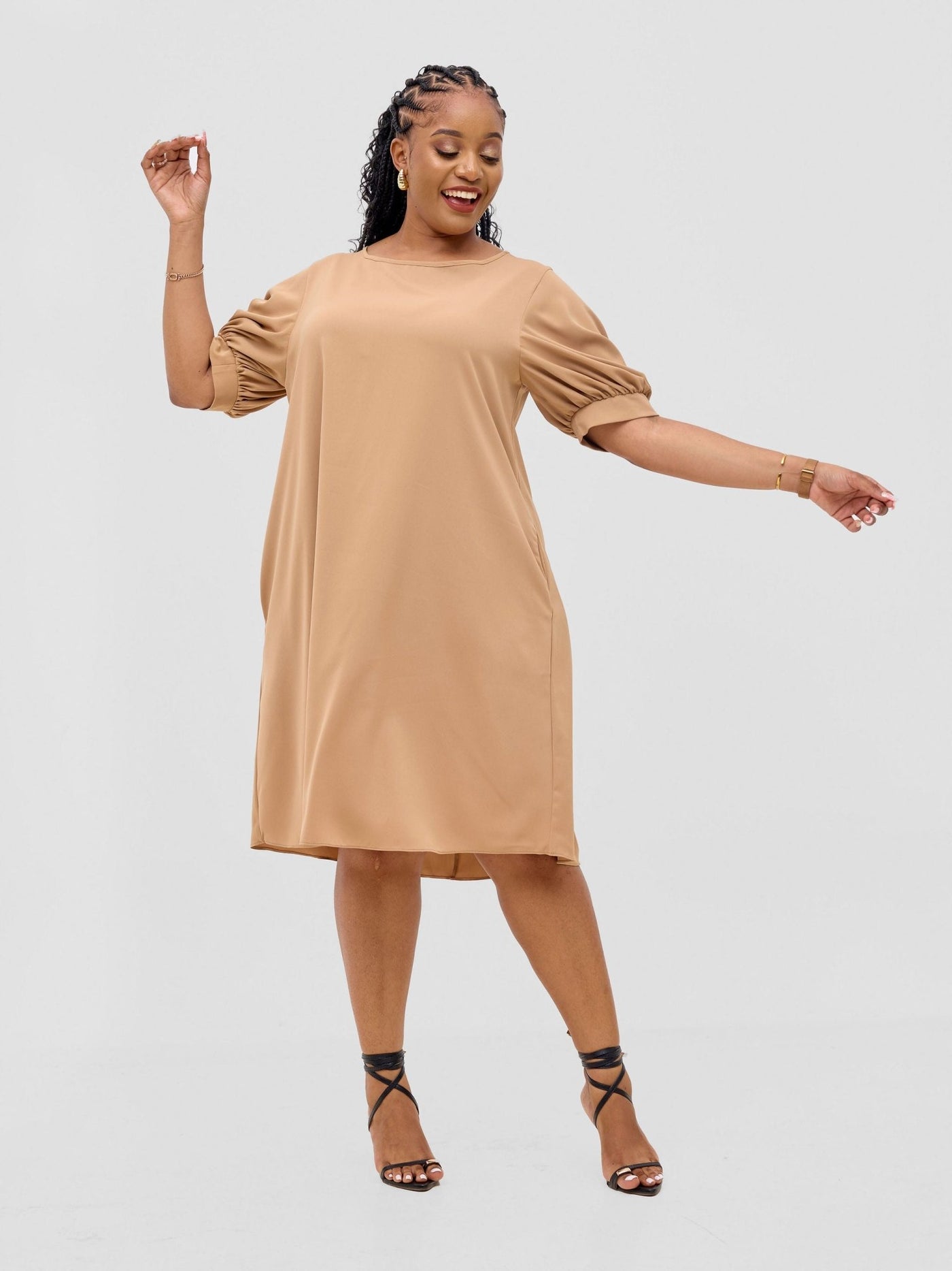 Vivo Wingu Puff Sleeve Knee Length Dress - Light Tan - Shopzetu