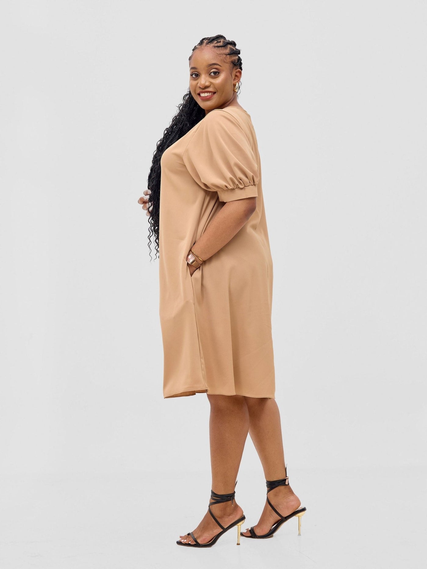 Vivo Wingu Puff Sleeve Knee Length Dress - Light Tan - Shopzetu