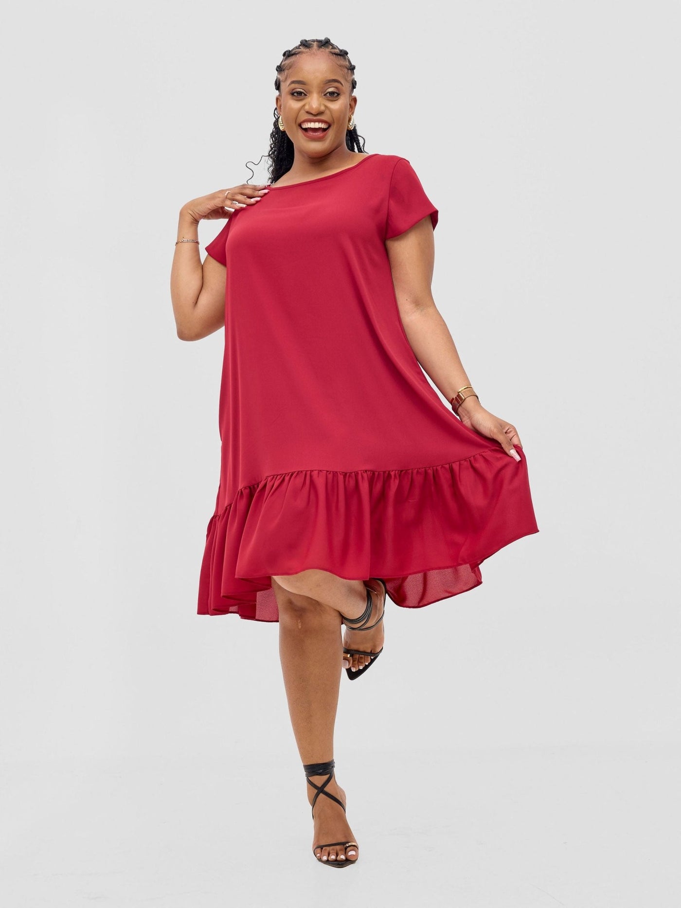 Vivo Dalia Cap Sleeve Gathered Tent Dress - Maroon - Shopzetu