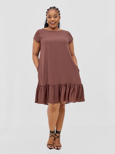 Vivo Dalia Cap Sleeve Gathered Tent Dress - Light Brown - Shopzetu