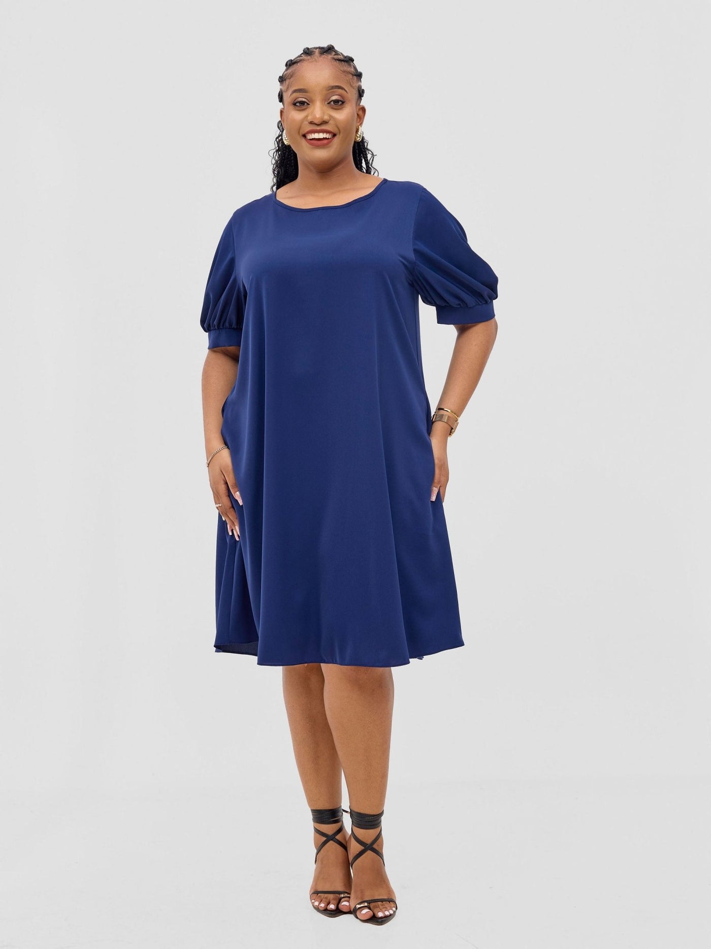 Vivo Wingu Puff Sleeve Knee Length Dress - Light Navy - Shopzetu