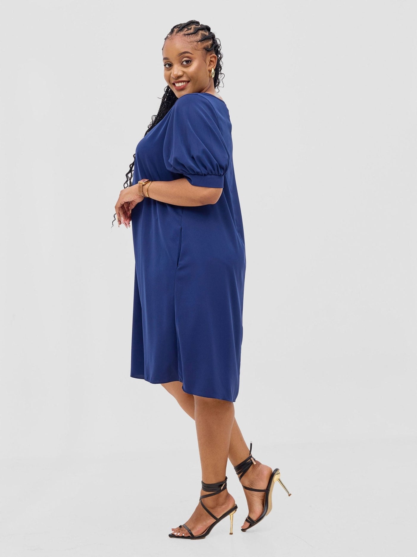 Vivo Wingu Puff Sleeve Knee Length Dress - Light Navy - Shopzetu