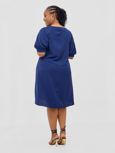 Vivo Wingu Puff Sleeve Knee Length Dress - Light Navy - Shopzetu