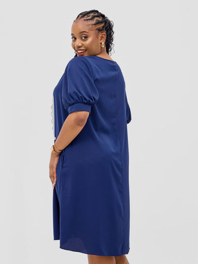 Vivo Wingu Puff Sleeve Knee Length Dress - Light Navy - Shopzetu