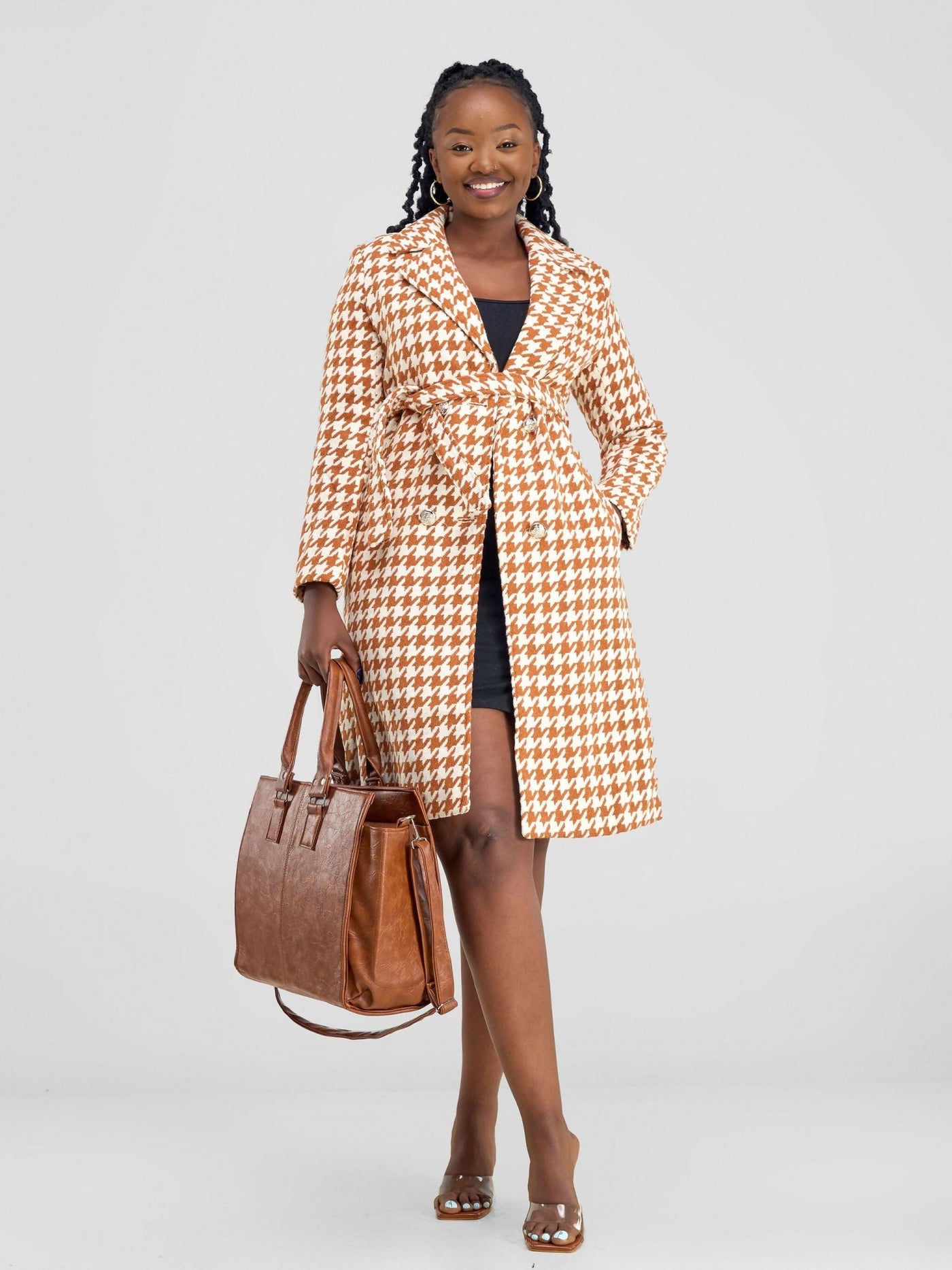 Stylish Sisters Houndstooth Trench - Coat Jacket - Orange / White - Shopzetu