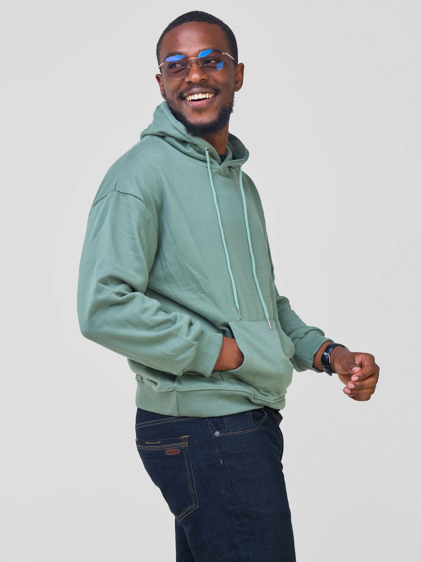 Round Neck L/ Sleeves Hoodie - Sage Green - Shopzetu