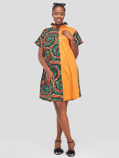 Vazi Afriq Cotton Ankara Shirt Dress - Green / Brown - Shopzetu