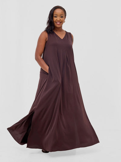 Vivo Ava Front Pleat Maxi Dress - Brown - Shopzetu