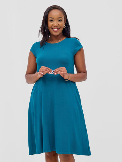 Vivo Leila Cap Sleeve Tent Knee Length Dress - Teal - Shopzetu