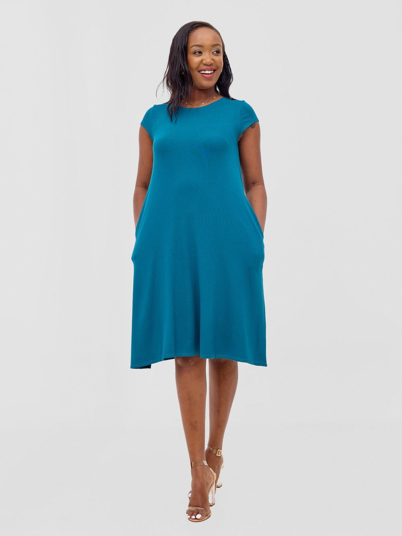 Vivo Leila Cap Sleeve Tent Knee Length Dress - Teal - Shopzetu