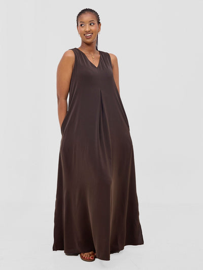 Vivo Ava Front Pleat Maxi Dress - Chocolate - Shopzetu